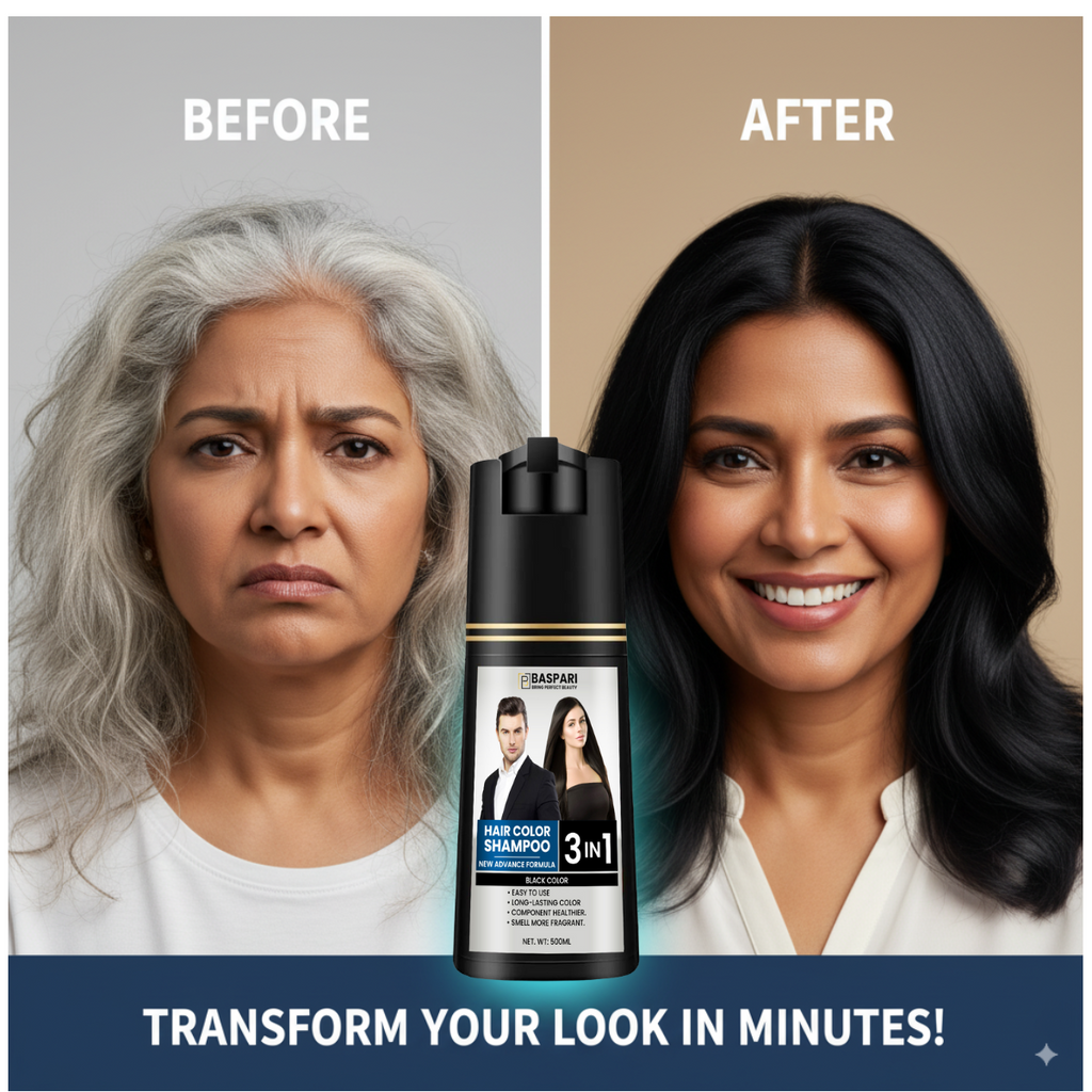 Baspari 3-in-1 Hair Color Dye Shampoo | Turns Grey to Black in 5 Minutes | Ammonia-Free | Shampoo + Color + Conditioner | Long-Lasting Natural Black | Easy Home Hair Dye for Men & Women (500ml)