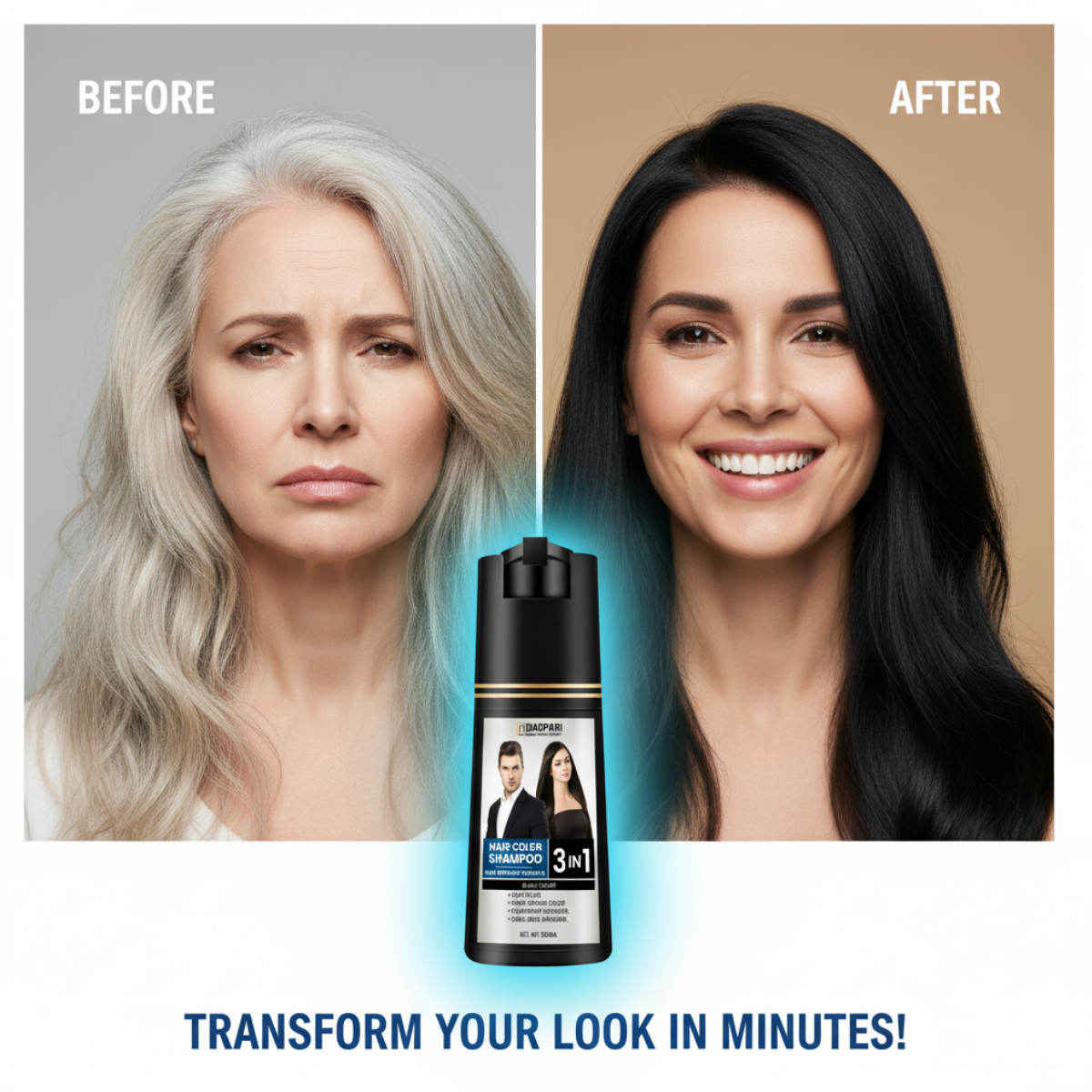 Baspari 3-in-1 Hair Color Dye Shampoo | Turns Grey to Black in 5 Minutes | Ammonia-Free | Shampoo + Color + Conditioner | Long-Lasting Natural Black | Easy Home Hair Dye for Men & Women (500ml)